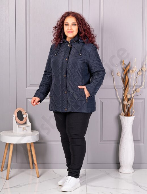 Plus size μπουφάν με κουκούλα-μπλε σκούρο-κωδ 5606-3