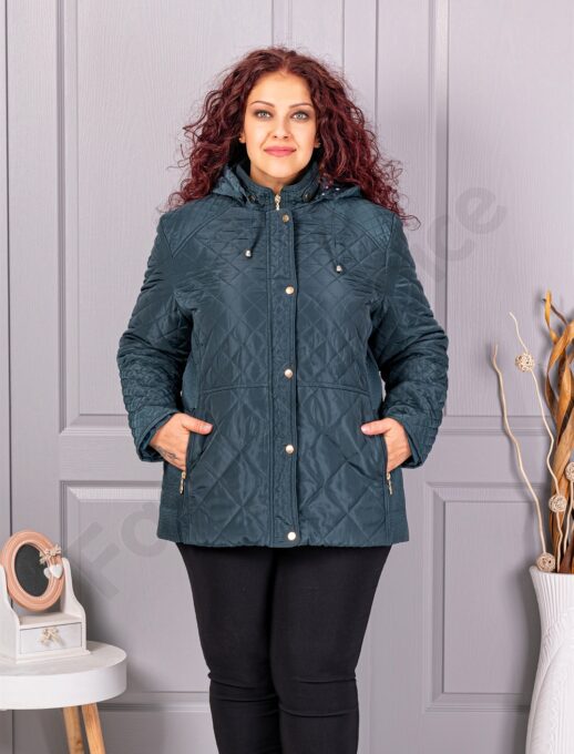 Plus size μπουφάν με κουκούλα και πουά-λαδί-κωδ 5606-2