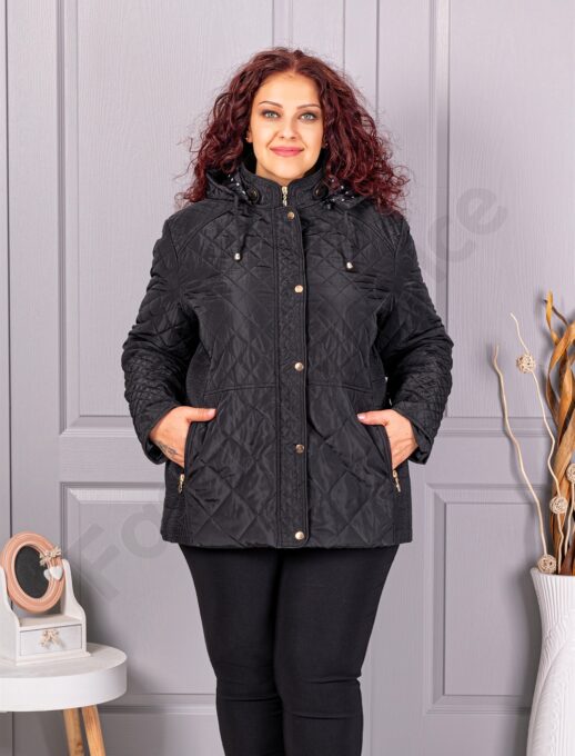 Plus size μπουφάν με κουκούλα και πουά-μαύρο-κωδ 5606