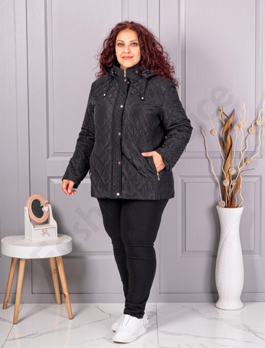 Plus size μπουφάν με κουκούλα και πουά-μαύρο-κωδ 5606