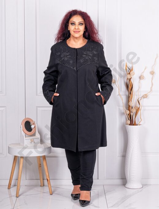 Plus size παλτό με απλικέ λουλούδια και πέρλες-κωδ 3999