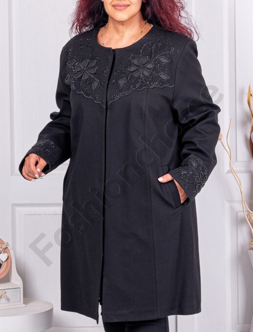 Plus size παλτό με απλικέ λουλούδια και πέρλες-κωδ 3999