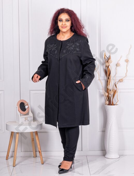 Plus size παλτό με απλικέ λουλούδια και πέρλες-κωδ 3999