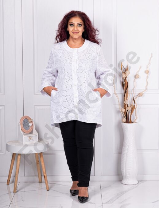 Plus size ελαφρύ μπουφάν με τρυπητό κέντημα-λευκό-κωδ 30051-3