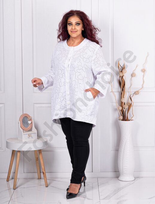 Plus size ελαφρύ μπουφάν με τρυπητό κέντημα-λευκό-κωδ 30051-3