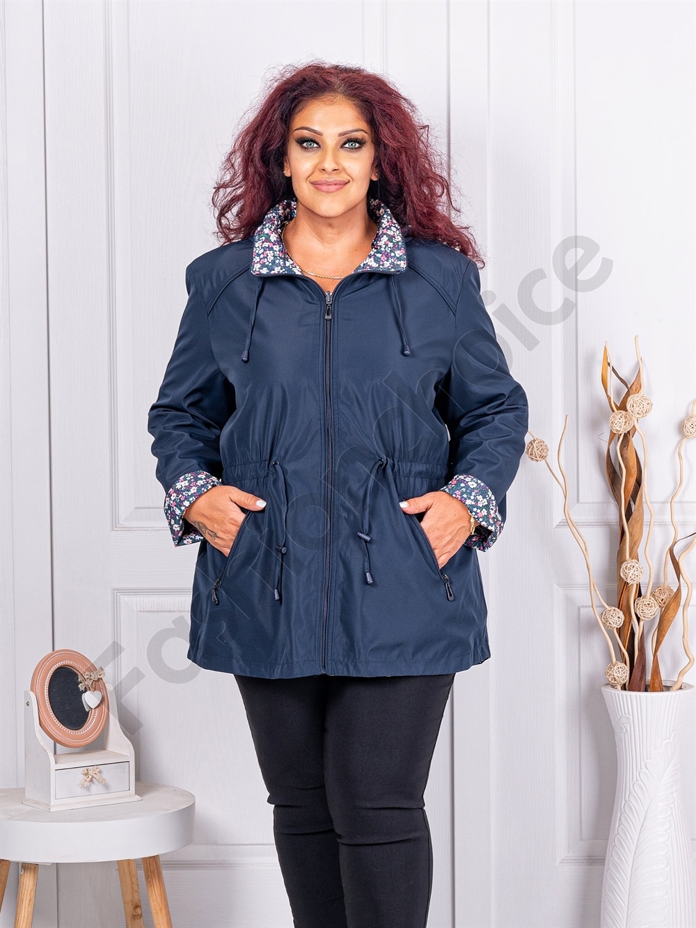 Plus size λεπτό μπουφάν διπλής όψης-μπλε σκούρο-κωδ 5930-3