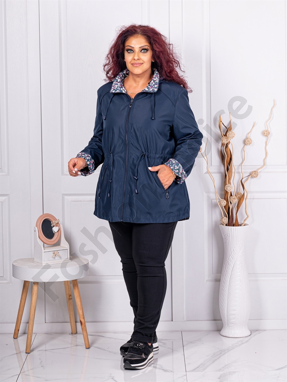 Plus size λεπτό μπουφάν διπλής όψης-μπλε σκούρο-κωδ 5930-3