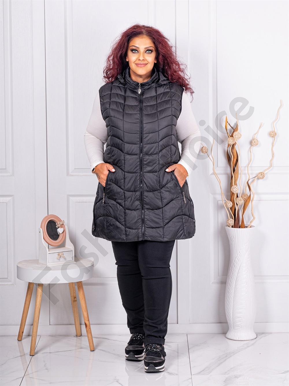 Plus size αμάνικο μακρύ μπουφάν καπιτονέ-μαύρο-κωδ 806