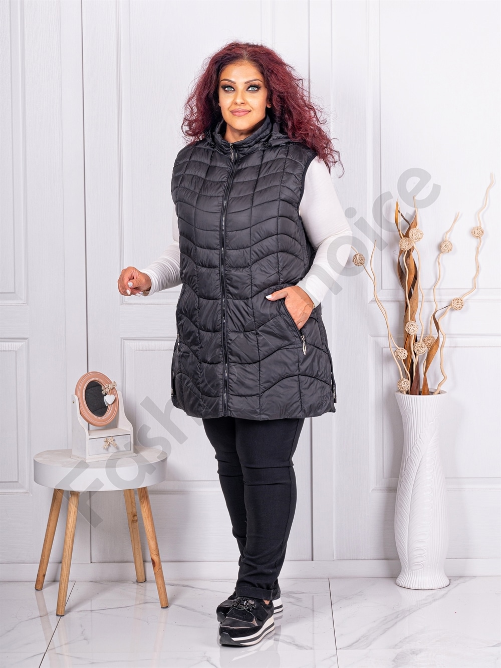 Plus size αμάνικο μακρύ μπουφάν καπιτονέ-μαύρο-κωδ 806