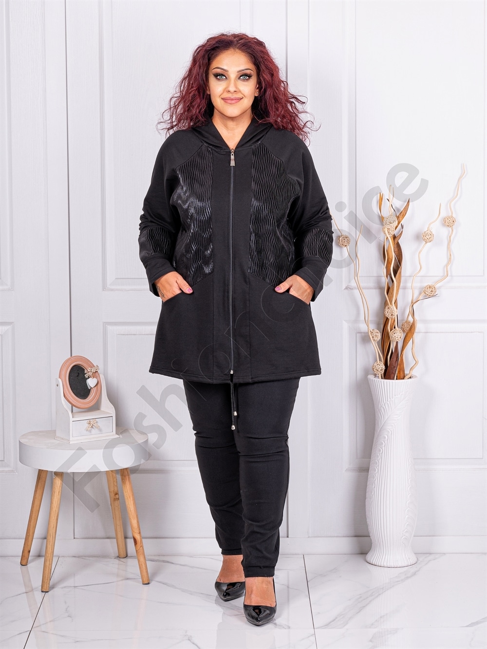 Plus size ζακέτα με ανάγλυφη υφή-μαύρο-κωδ 241212-4
