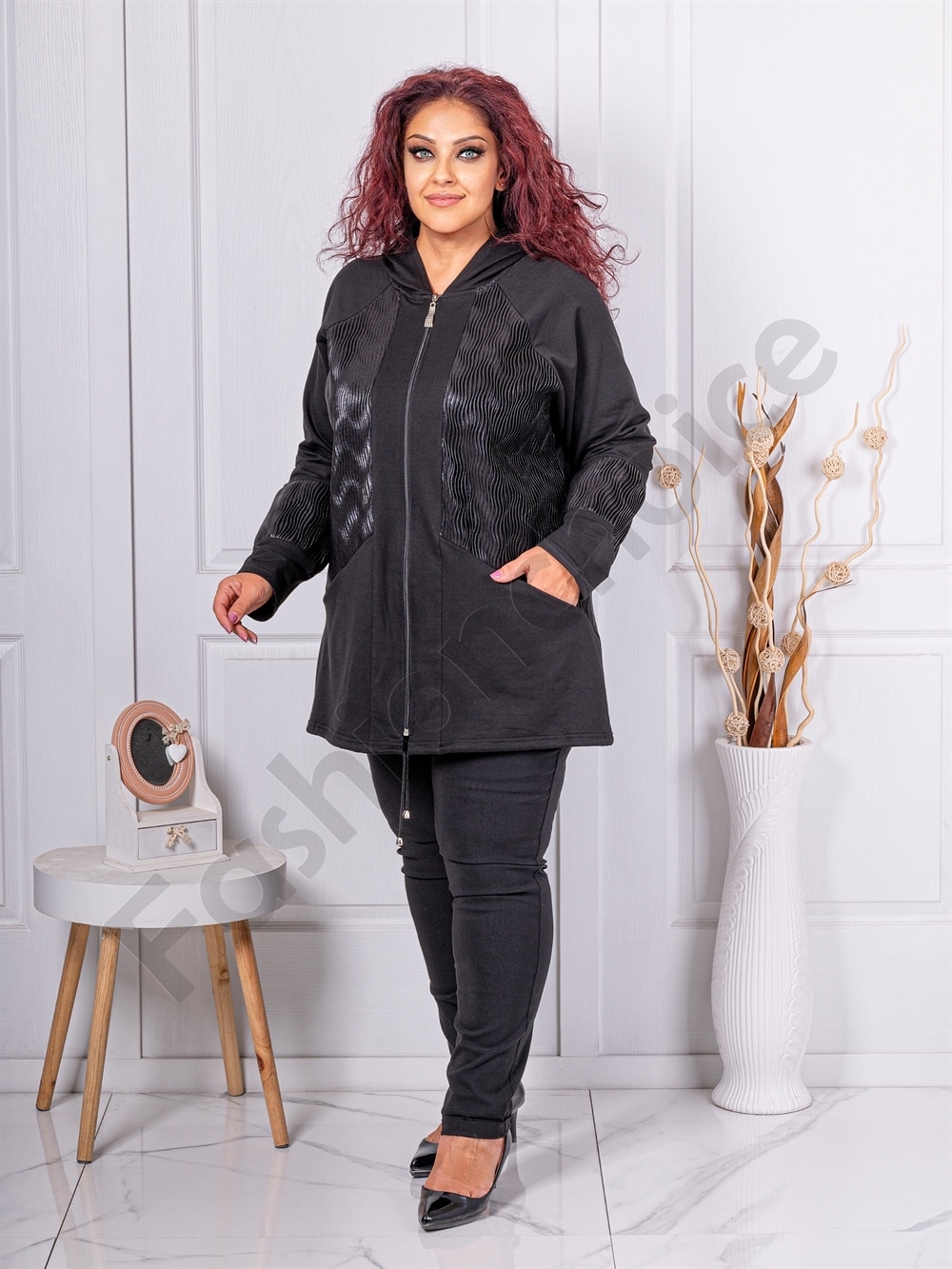 Plus size ζακέτα με ανάγλυφη υφή-μαύρο-κωδ 241212-4