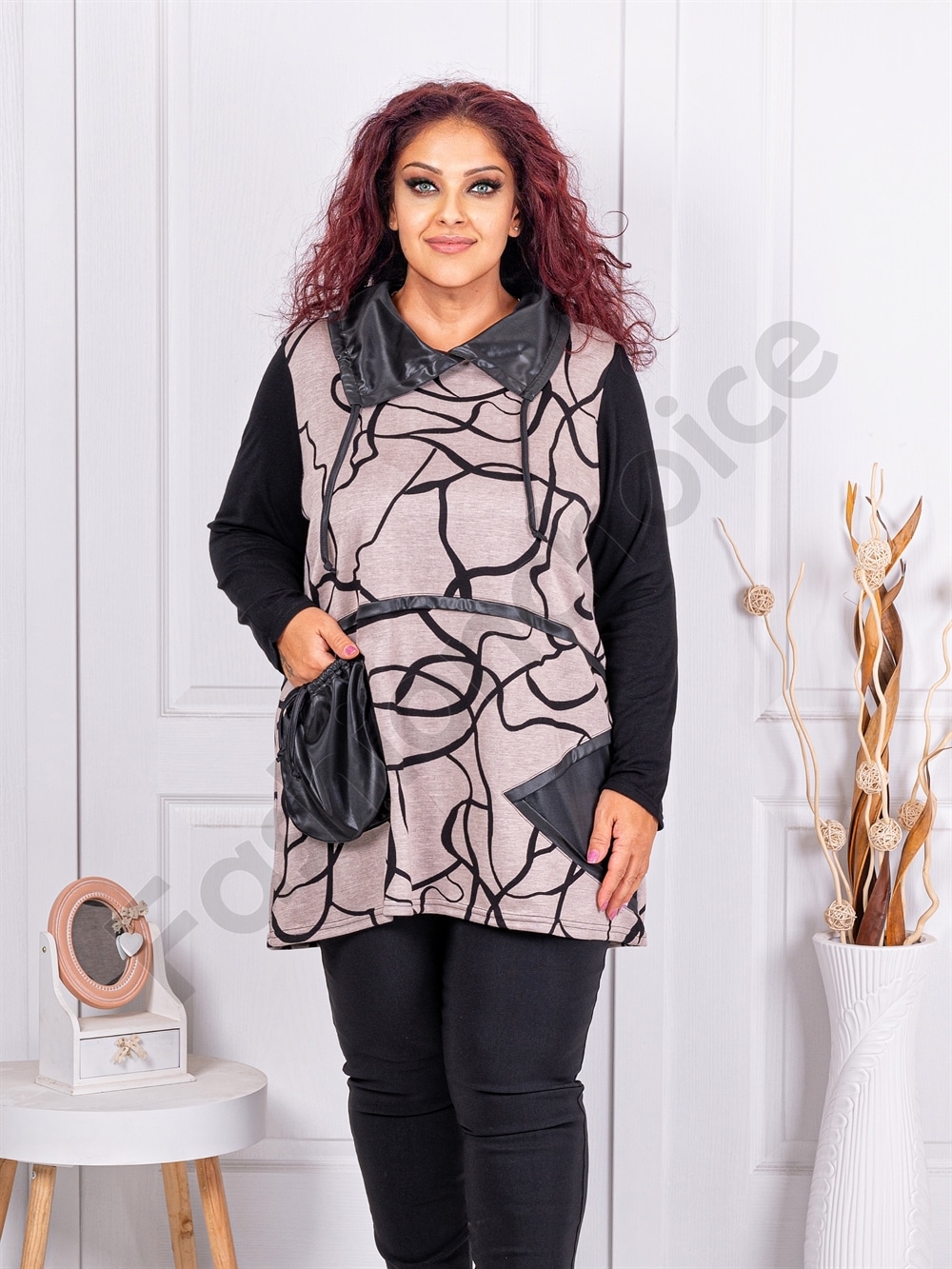 Plus size τουνίκ με δερμάτινες λεπτομέρειες-μπεζ-κωδ 24847-1