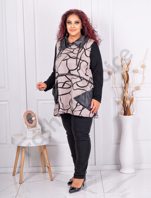Plus size τουνίκ με δερμάτινες λεπτομέρειες-μπεζ-κωδ 24847-1
