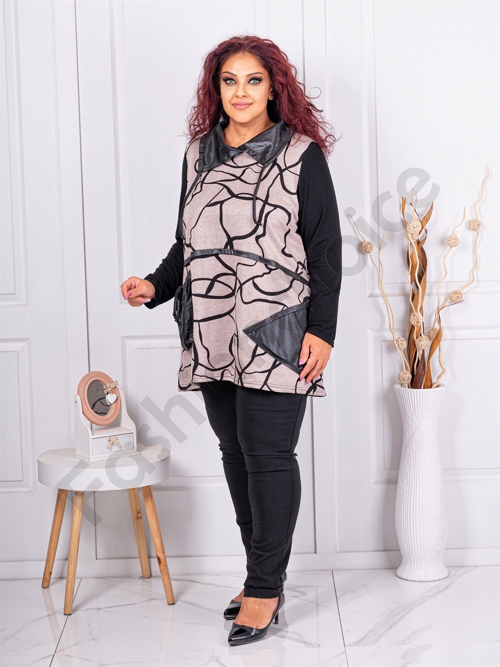 Plus size τουνίκ με δερμάτινες λεπτομέρειες-μπεζ-κωδ 24847-1