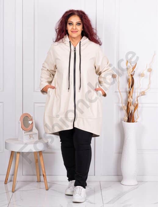 Plus size μακρύ δερμάτινο τζάκετ με κουκούλα-εκρού-κωδ 37115-1