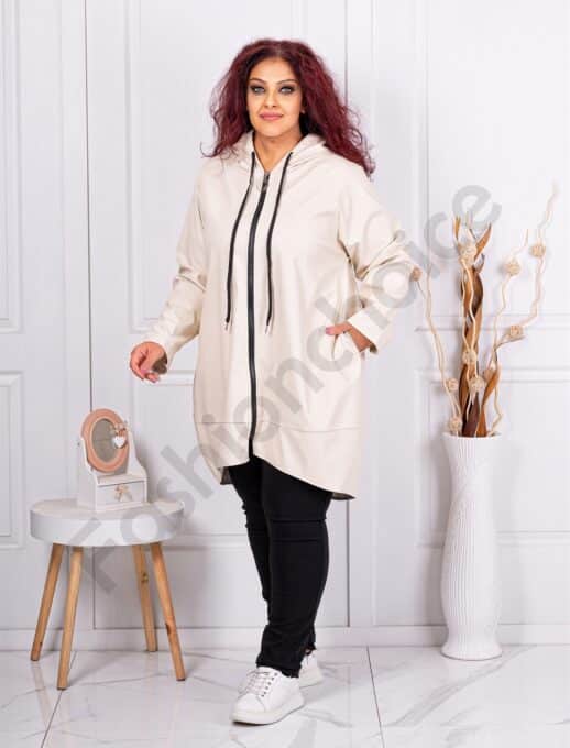 Plus size μακρύ δερμάτινο τζάκετ με κουκούλα-εκρού-κωδ 37115-1