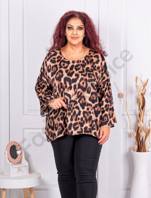Plus size σατέν μπλούζα με λεοπάρ print-καφέ-κωδ 38761-1