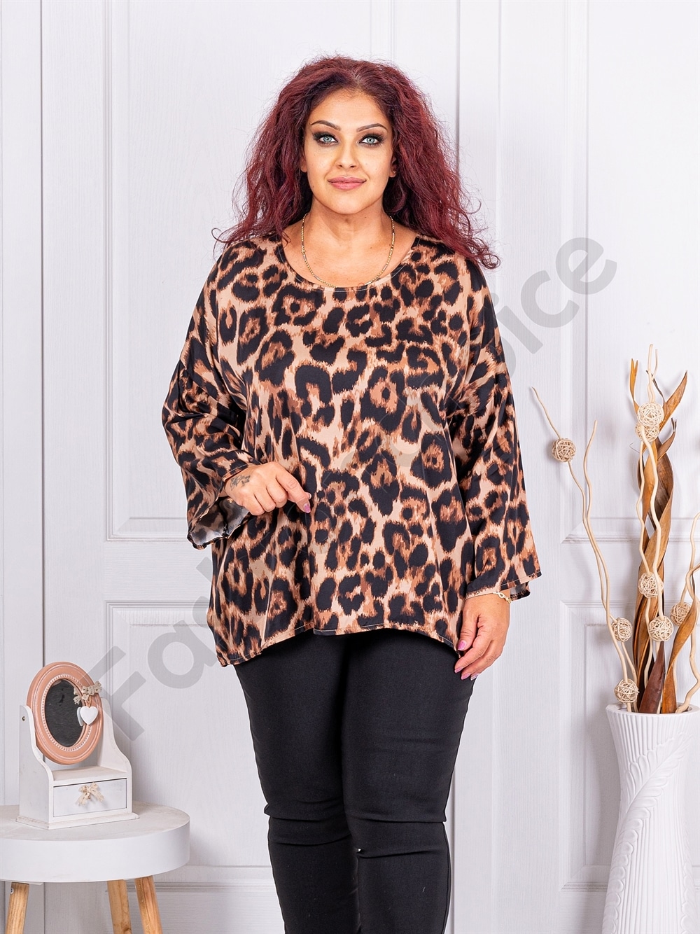 Plus size σατέν μπλούζα με λεοπάρ print-καφέ-κωδ 38761-1
