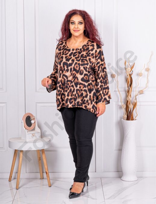 Plus size σατέν μπλούζα με λεοπάρ print-καφέ-κωδ 38761-1