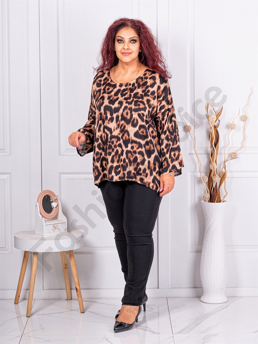 Plus size σατέν μπλούζα με λεοπάρ print-καφέ-κωδ 38761-1