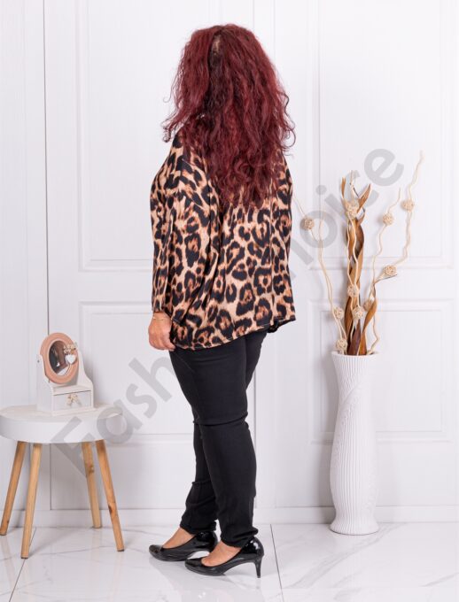 Plus size σατέν μπλούζα με λεοπάρ print-καφέ-κωδ 38761-1