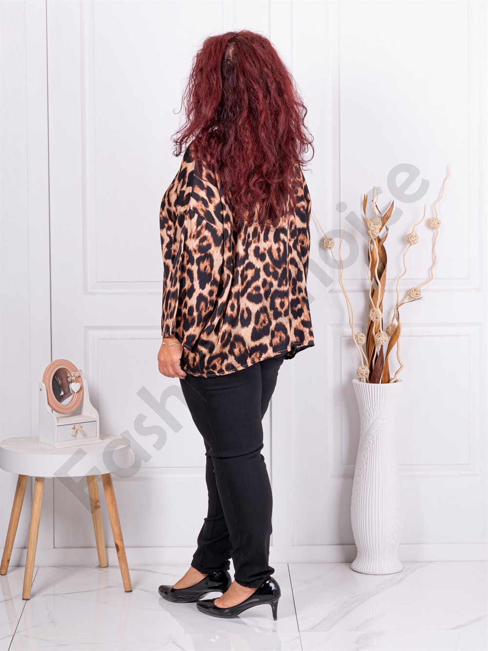 Plus size σατέν μπλούζα με λεοπάρ print-καφέ-κωδ 38761-1
