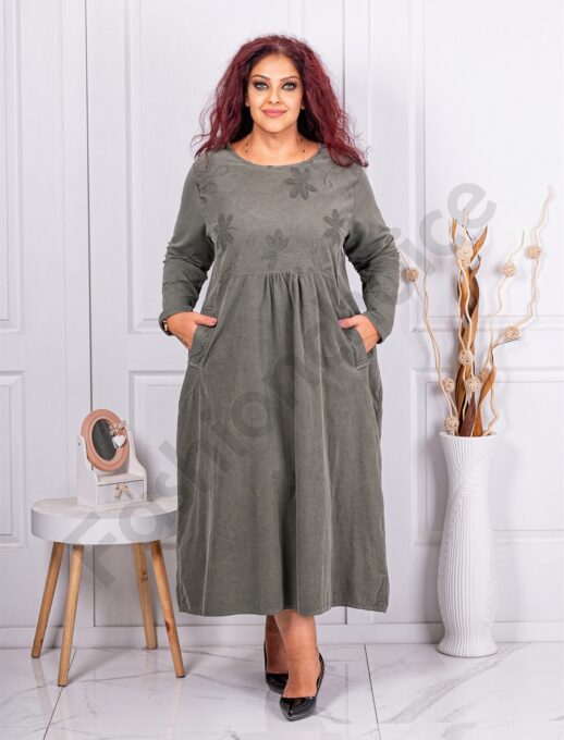 Plus size κοτλέ φορέμα με κεντημένα λουλούδια-χακί-κωδ 10917-2
