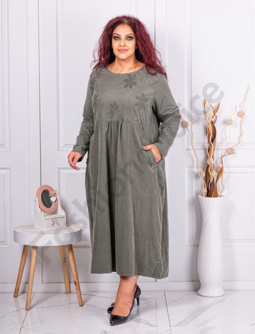 Plus size κοτλέ φορέμα με κεντημένα λουλούδια-χακί-κωδ 10917-2