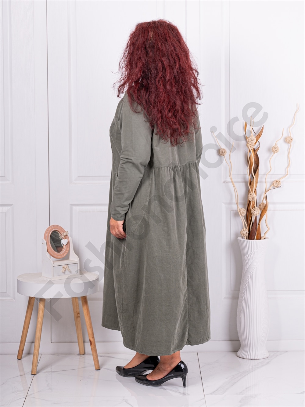 Plus size κοτλέ φορέμα με κεντημένα λουλούδια-χακί-κωδ 10917-2