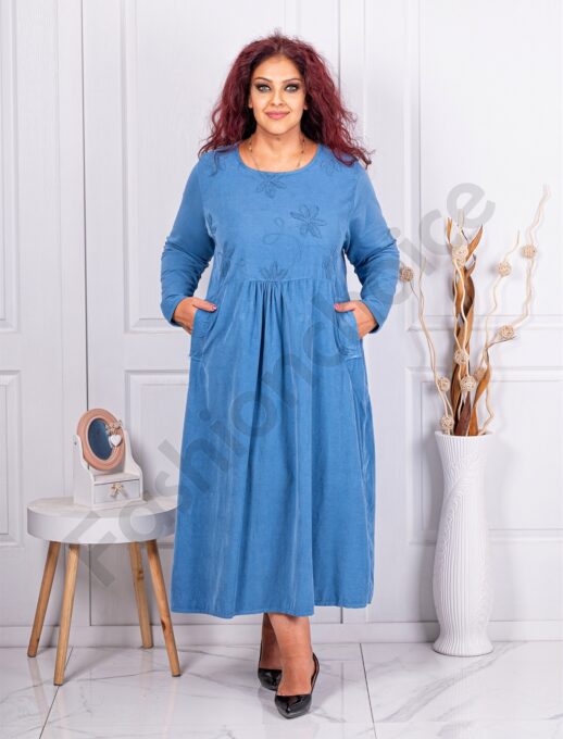 Plus size κοτλέ φορέμα με κεντημένα λουλούδια-μπλε-κωδ 10917-1