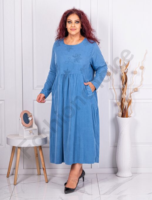 Plus size κοτλέ φορέμα με κεντημένα λουλούδια-μπλε-κωδ 10917-1