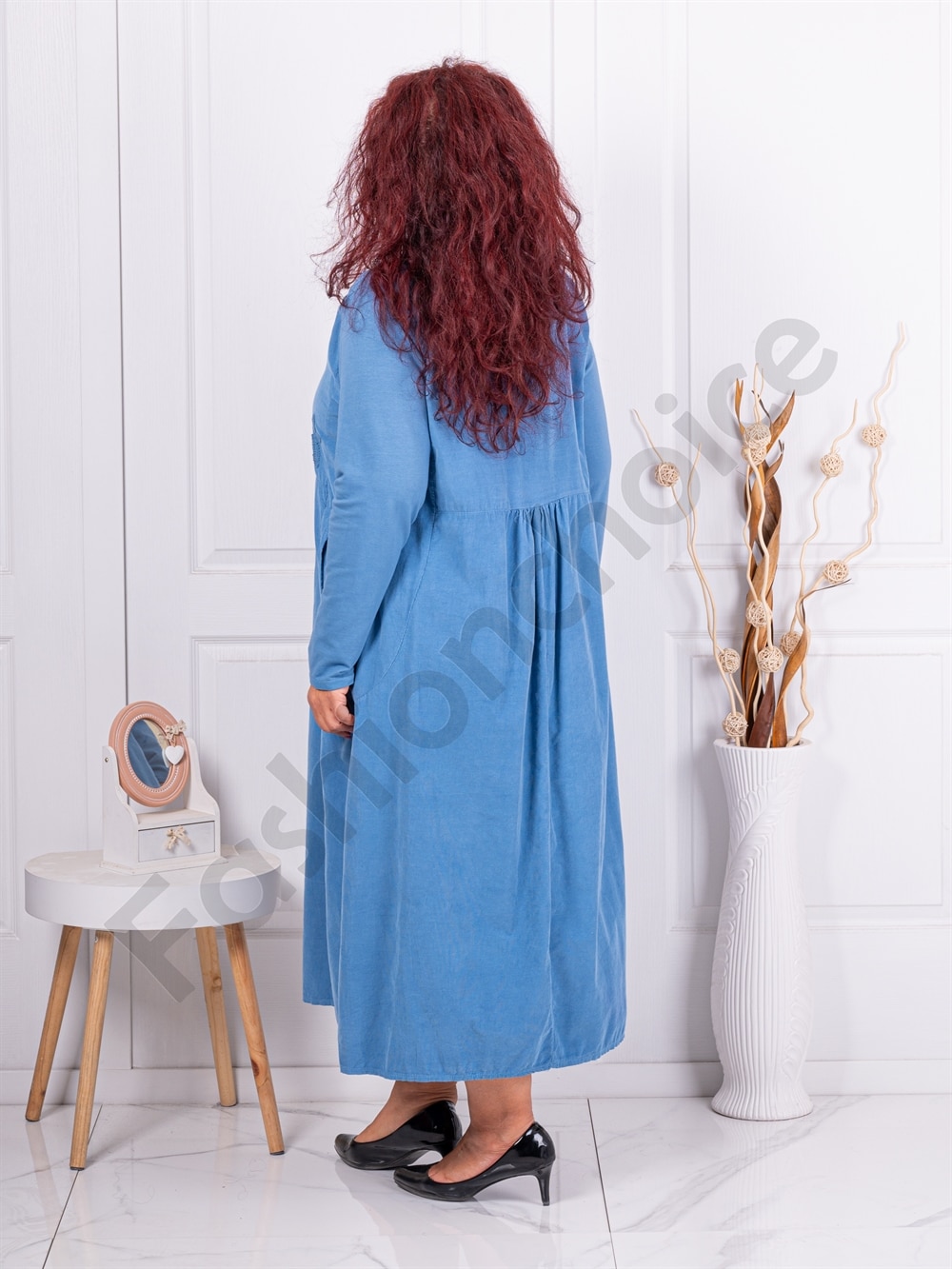 Plus size κοτλέ φορέμα με κεντημένα λουλούδια-μπλε-κωδ 10917-1