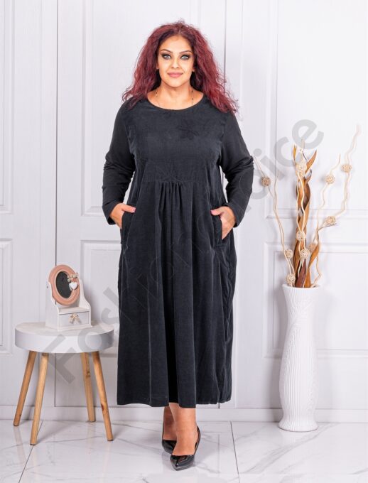 Plus size κοτλέ φορέμα με κεντημένα λουλούδια-μαύρο-κωδ 10917