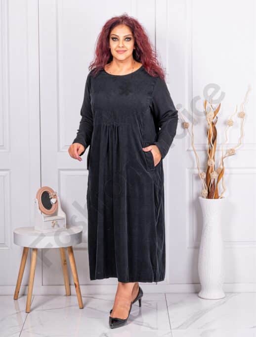 Plus size κοτλέ φορέμα με κεντημένα λουλούδια-μαύρο-κωδ 10917