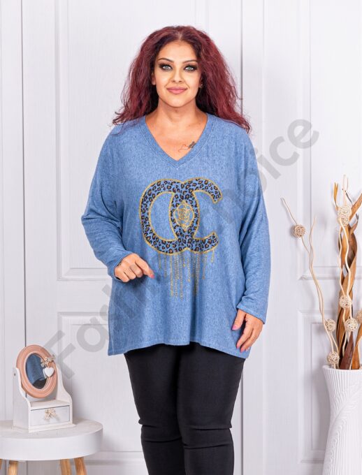 Plus size πλεκτή μπλούζα με τύπωμα-μπλε-κωδ 9613-3