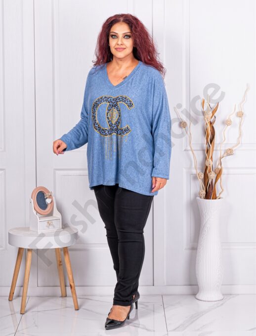 Plus size πλεκτή μπλούζα με τύπωμα-μπλε-κωδ 9613-3