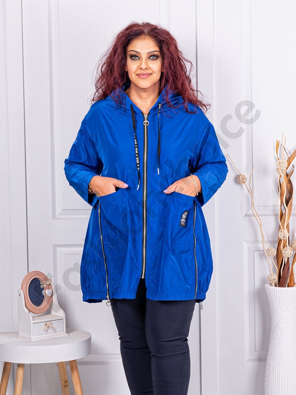 Plus size αντιανεμικό τύπου ζακέτα-μπλε ρουά-κωδ 9436-2
