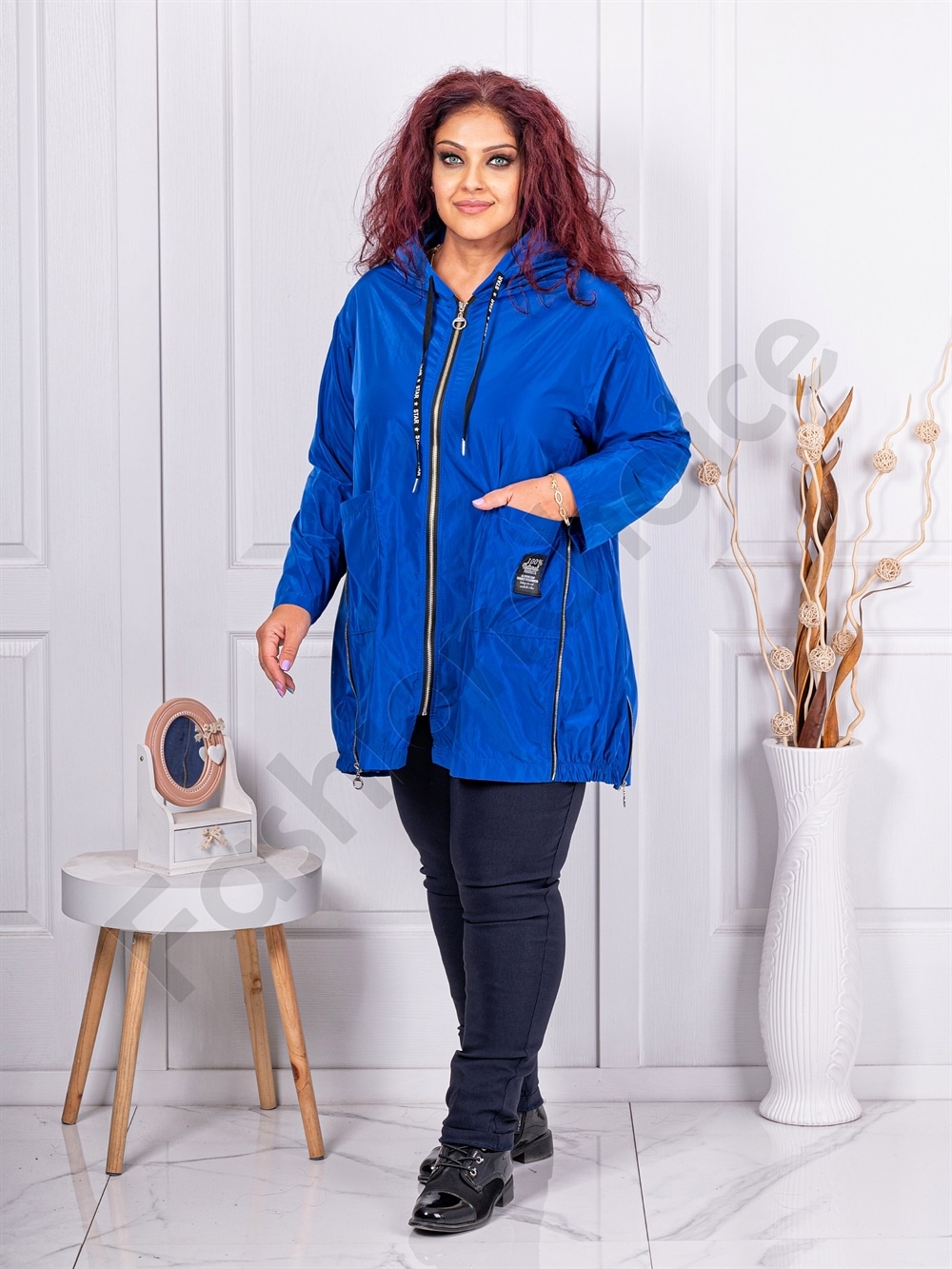 Plus size αντιανεμικό τύπου ζακέτα-μπλε ρουά-κωδ 9436-2