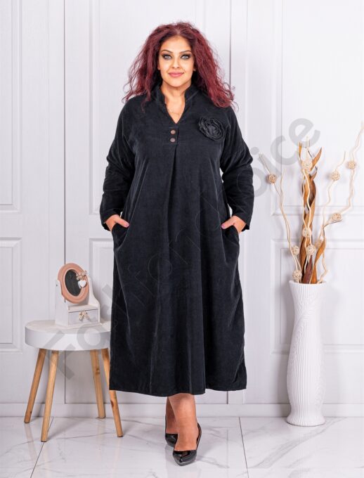 Plus size κοτλέ φορέμα με απλικέ λουλούδι-μαύρο-κωδ 10902