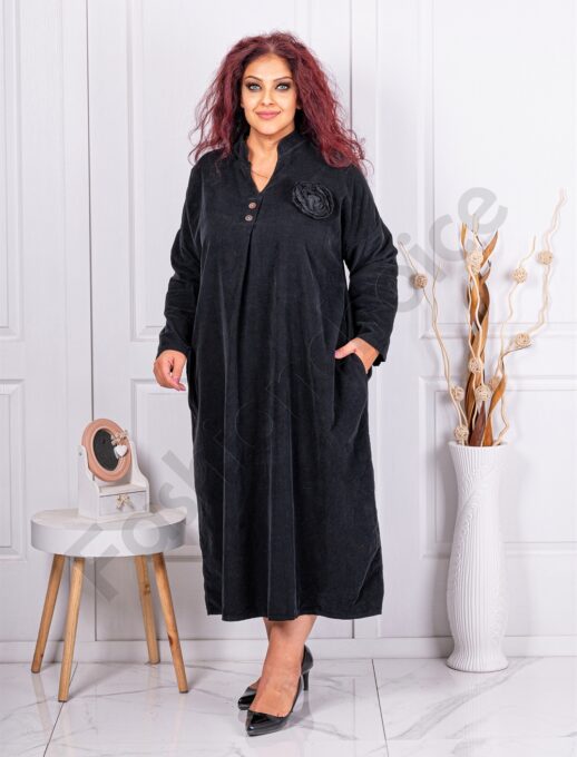 Plus size κοτλέ φορέμα με απλικέ λουλούδι-μαύρο-κωδ 10902
