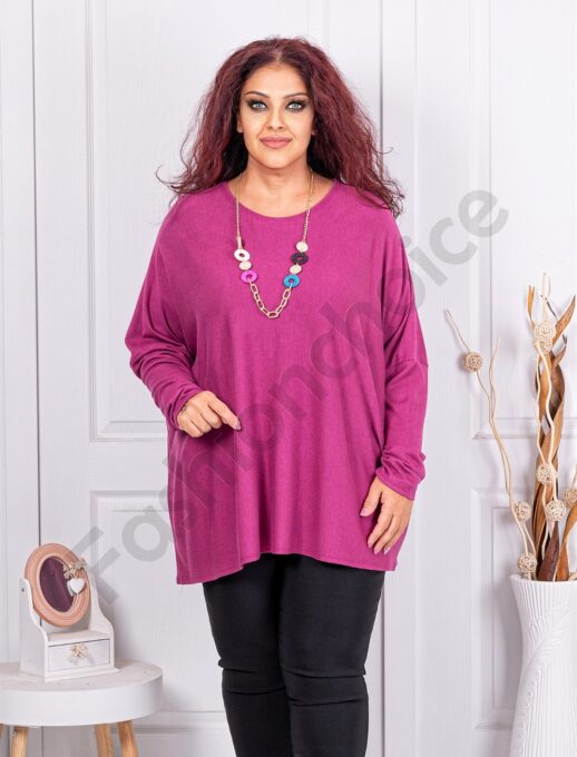 Plus size πλεκτή μπλούζα με δώρο κολιέ-φούξια-κωδ 2281-6
