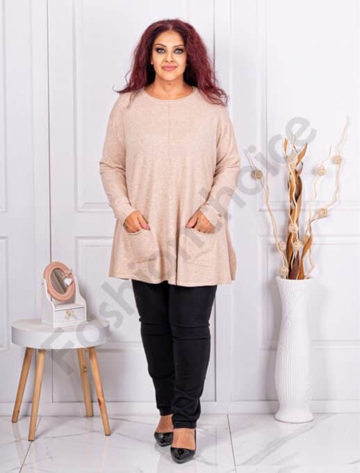 Plus size πλεκτή μπλούζα με τσέπες-μπεζ-κωδ 1628-2