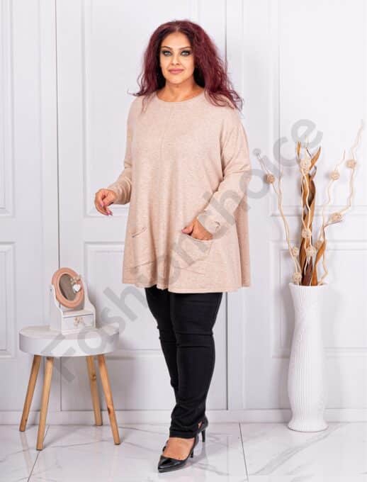 Plus size πλεκτή μπλούζα με τσέπες-μπεζ-κωδ 1628-2
