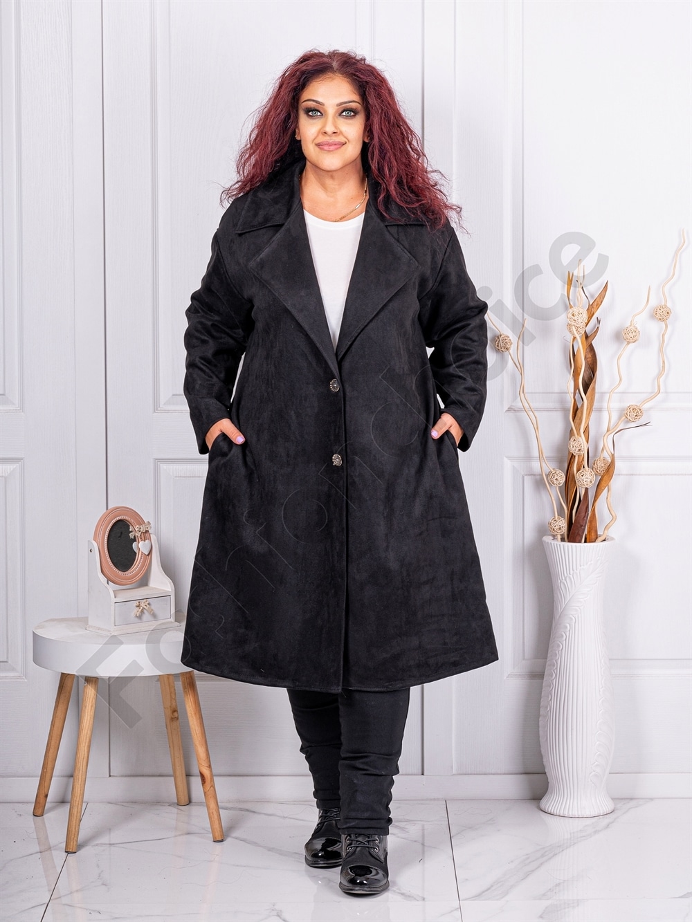Plus size βελούδινο παλτό-μαύρο-κωδ 3500