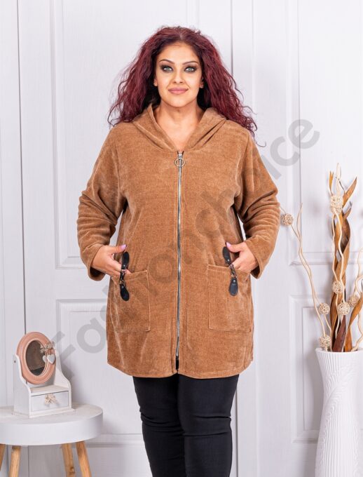 Plus size ζακέτα με βελουτέ υφή-ταμπά-κωδ 24944-1