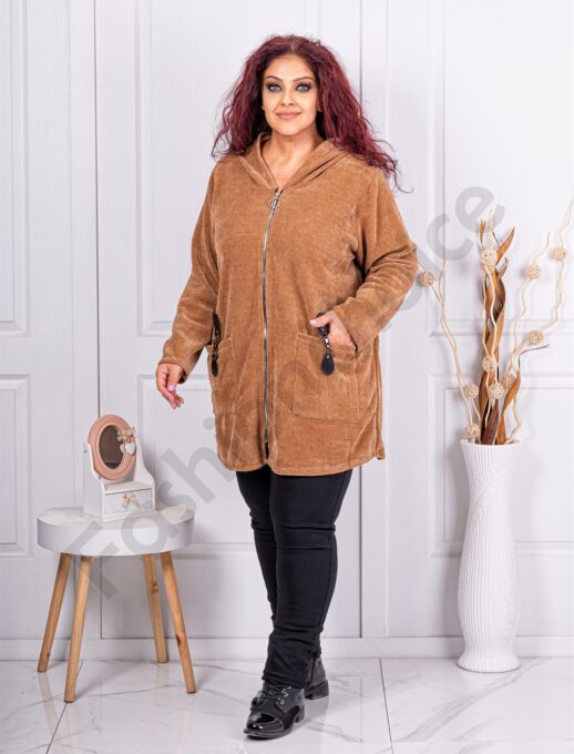 Plus size ζακέτα με βελουτέ υφή-ταμπά-κωδ 24944-1