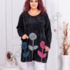 Plus size κοτλέ βελουτέ τουνίκ με 3D απλικέ-μαύρο-κωδ 10255
