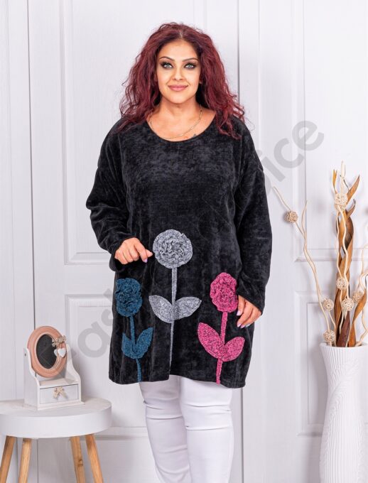 Plus size κοτλέ βελουτέ τουνίκ με 3D απλικέ-μαύρο-κωδ 10255