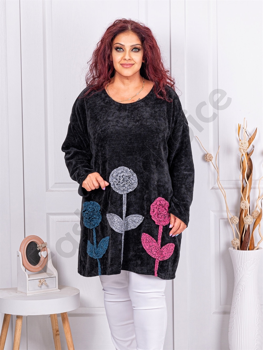 Plus size κοτλέ βελουτέ τουνίκ με 3D απλικέ-μαύρο-κωδ 10255