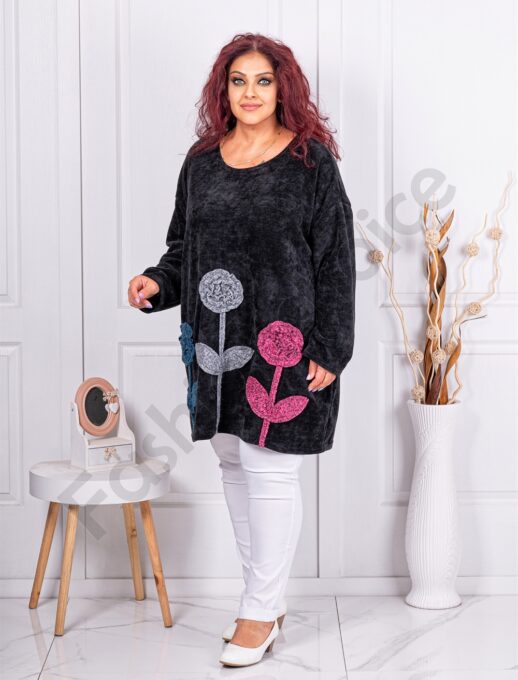 Plus size κοτλέ βελουτέ τουνίκ με 3D απλικέ-μαύρο-κωδ 10255